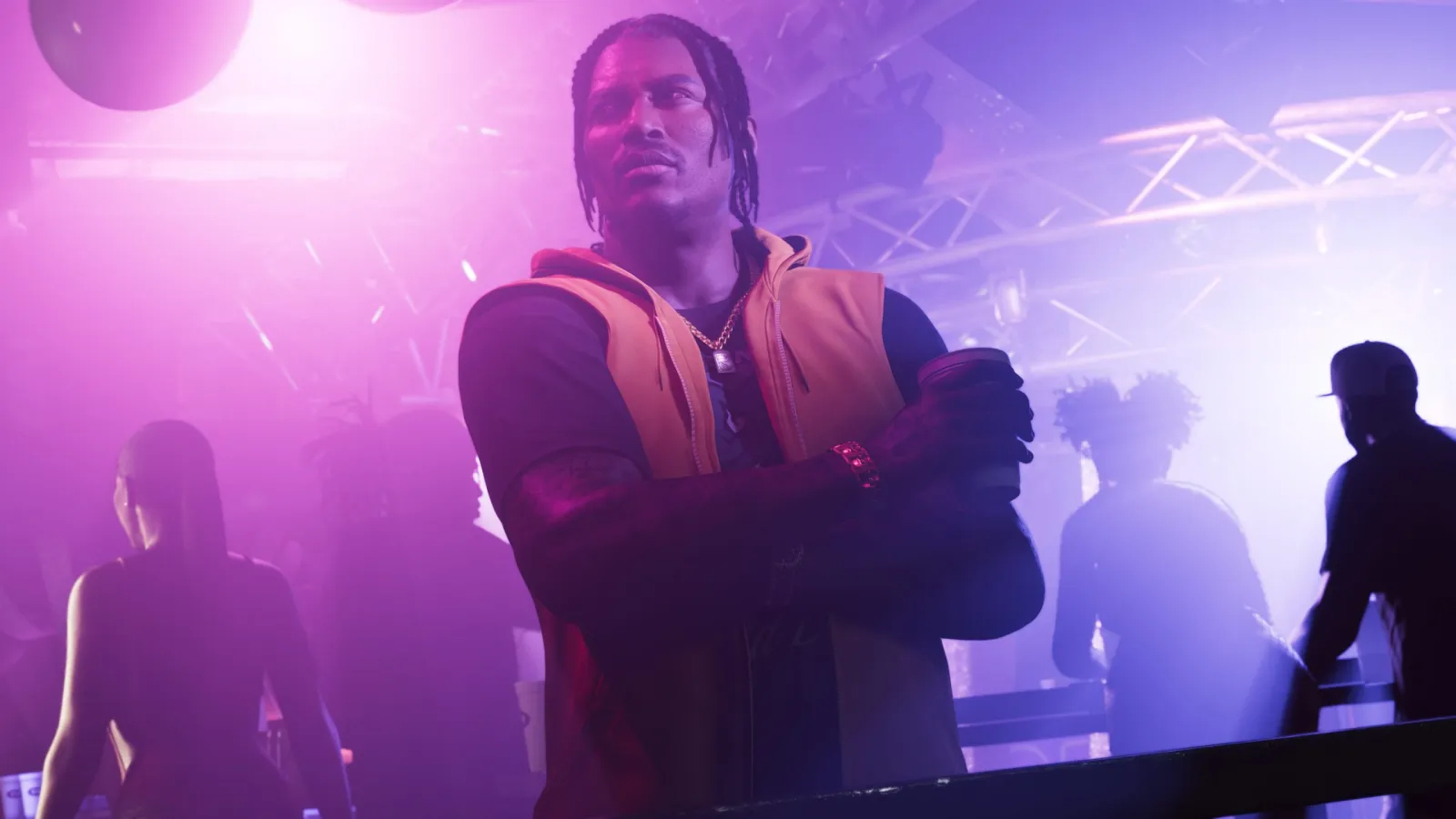DreQuan Priest, um personagem de GTA 6, iluminado por luz de palco roxa como performer