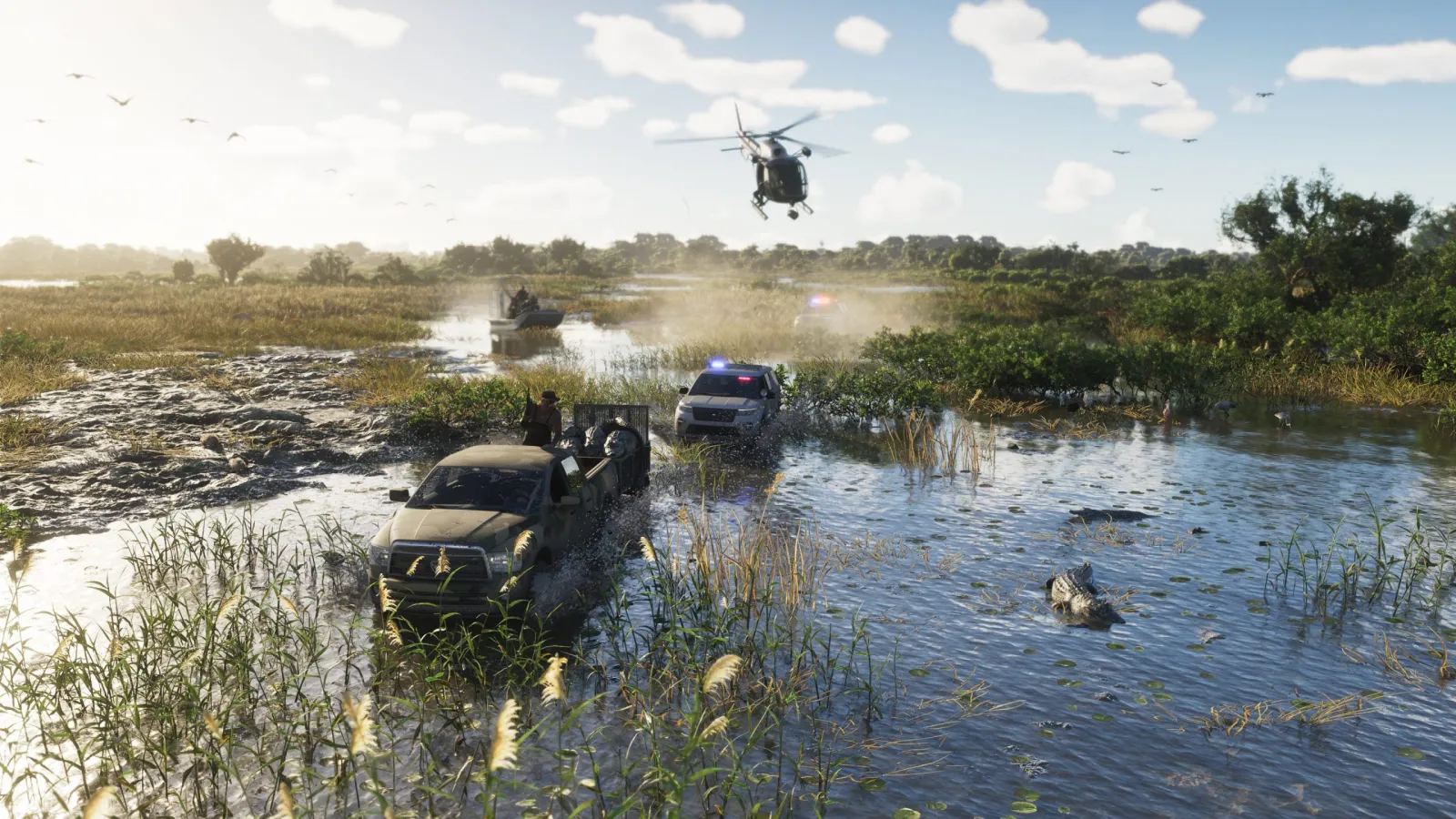 Un hidrodeslizador corriendo por la marisma de Grassrivers de GTA 6 mientras un helicóptero gira por encima