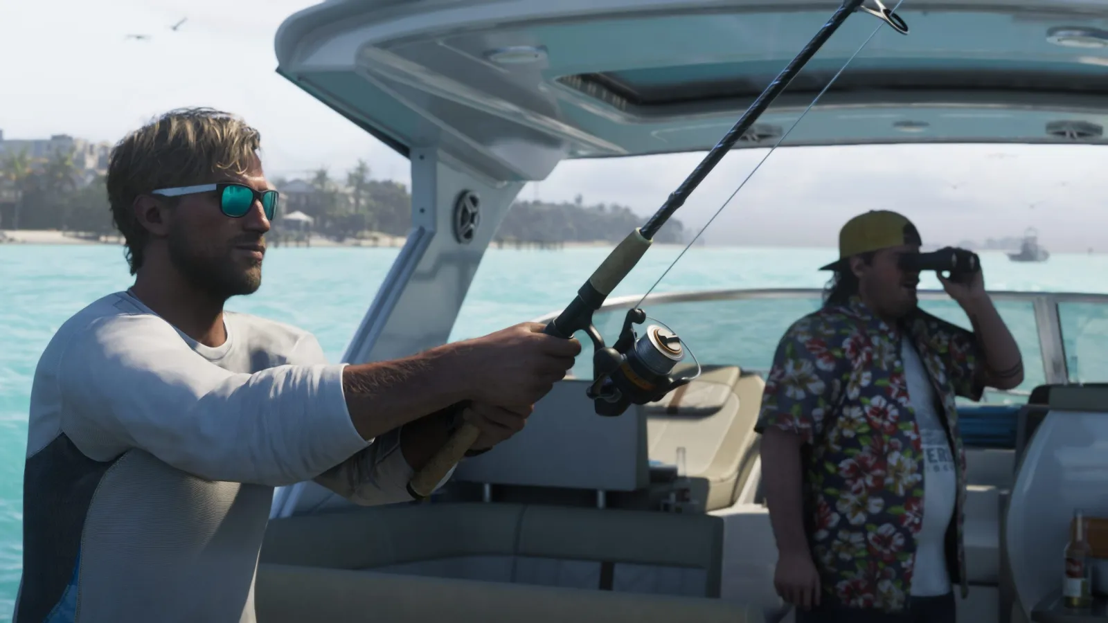 Jason Duval, el segundo protagonista de GTA 6, pescando en las aguas turquesas de los Leonida Keys.