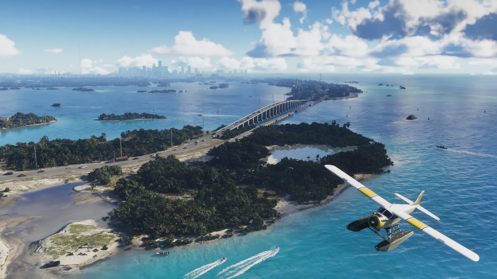 Sweeping aerial of the Leonida Keys in GTA 6, a long causeway bridge linking islands with Vice City on the horizon