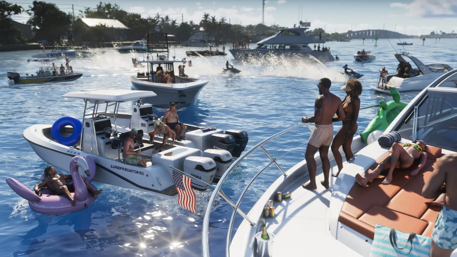 Gente de fiesta en barcos amarrados juntos sobre el agua turquesa brillante de los Keys en GTA 6