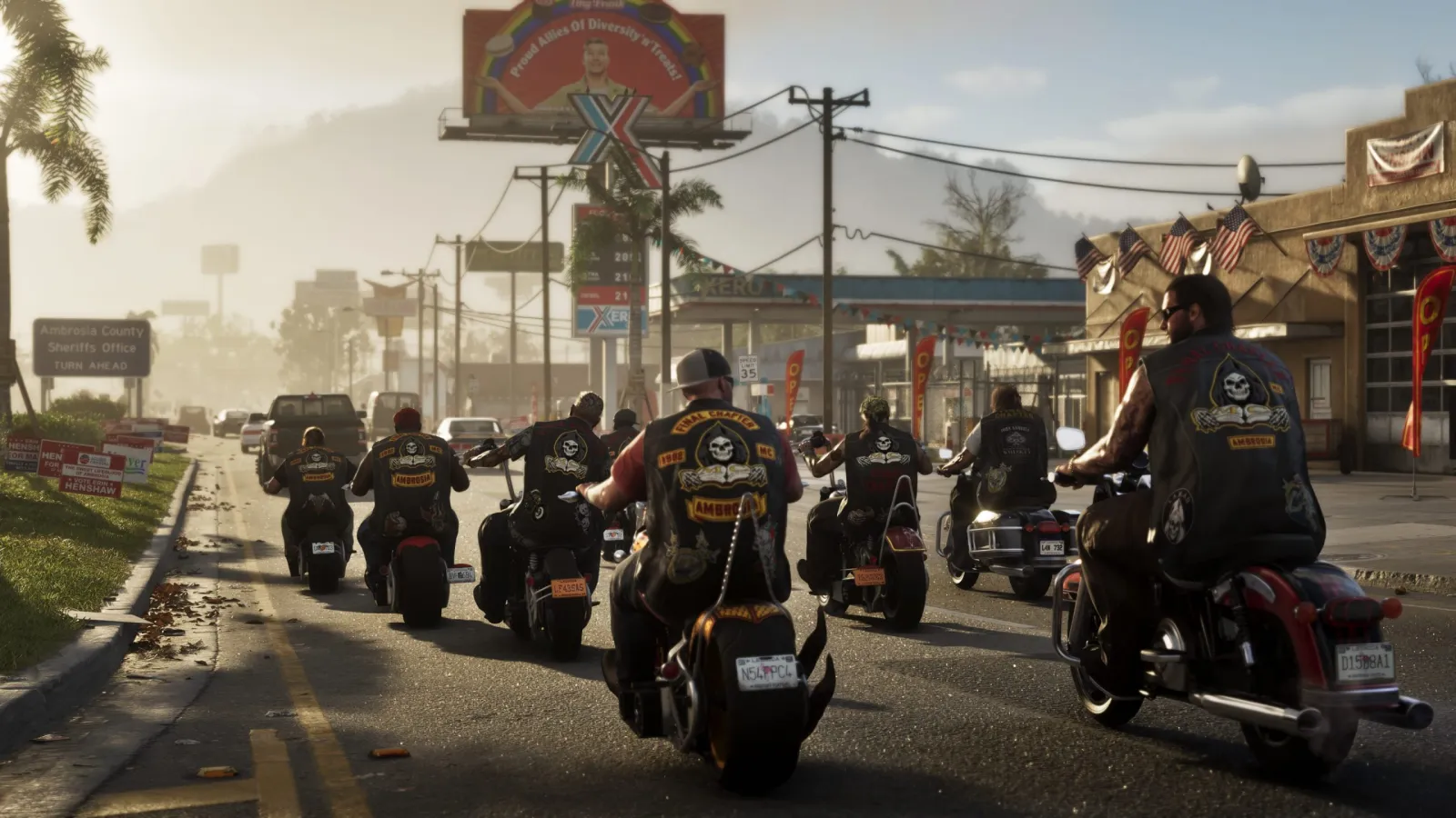 Main-street Leonida, a pack of riders rolling through a small inland town.