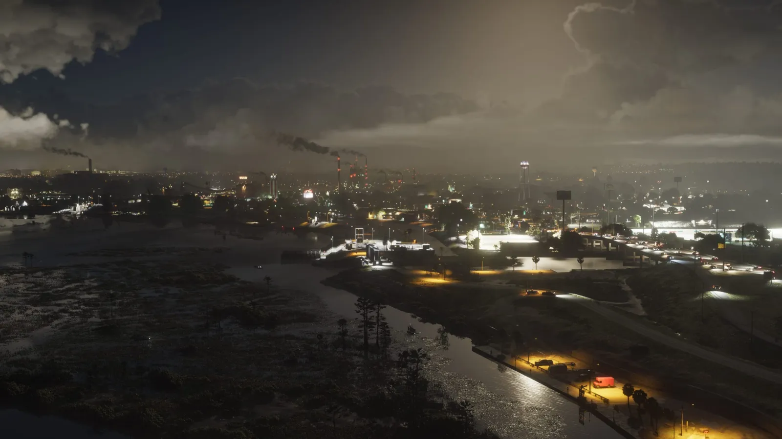 Uma cidade industrial de Leonida à noite, chaminés, pântano e o brilho das rodovias.