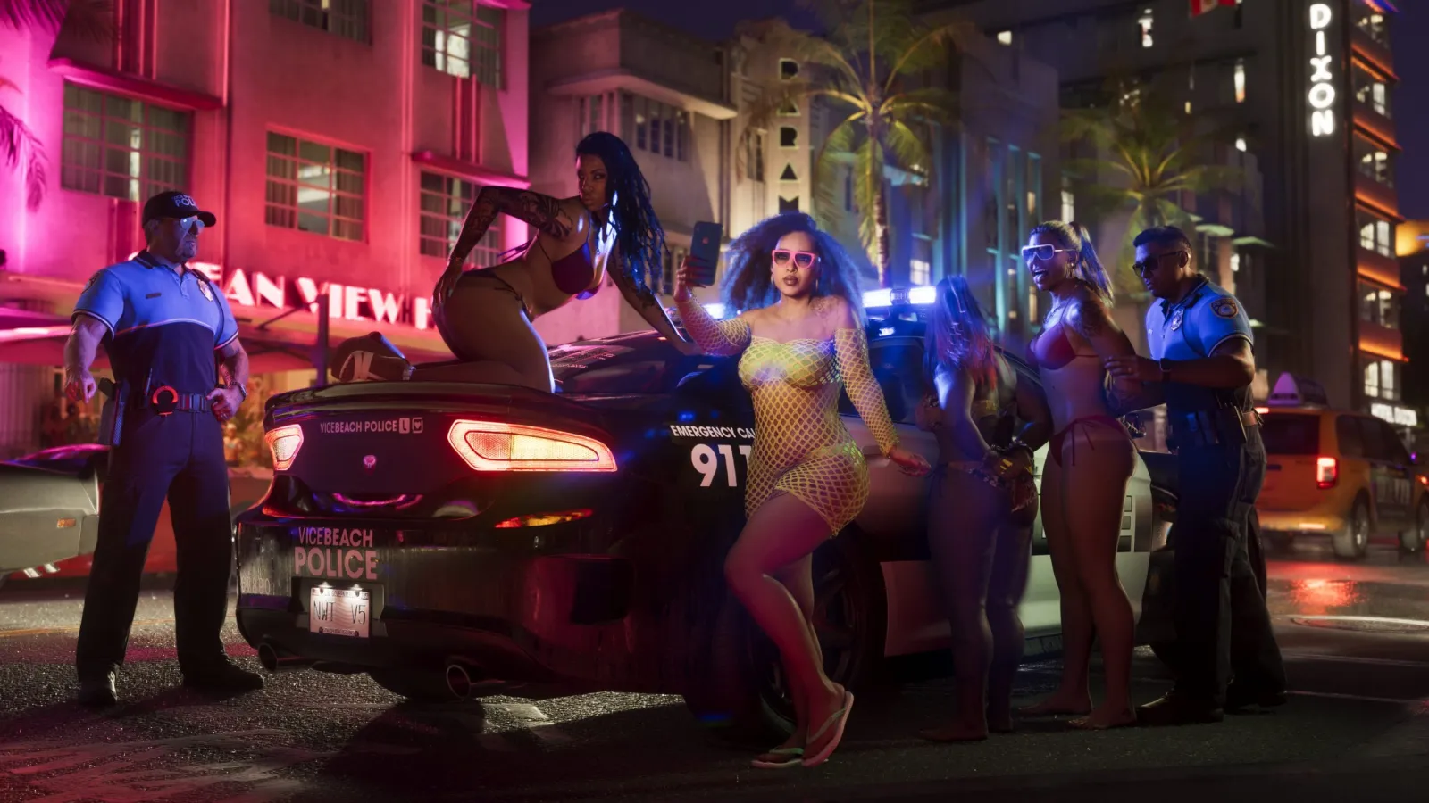 Neon-Nachtleben am Strip von Vice City, wo Art-déco-Fassaden auf knallrosa Licht treffen.
